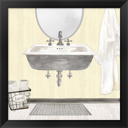 Framed Farmhouse Bath II Gray &amp; Yellow 2-Sink Print