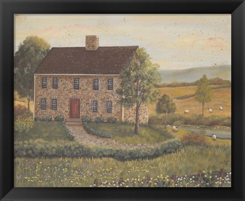 Framed Stone House with Wild Flowers Print