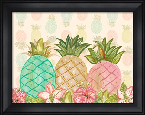 Framed Pineapple Trio with Flowers Print