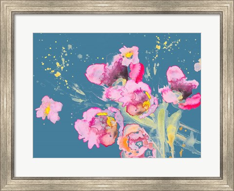 Framed Watercolor Poppies on Blue Print