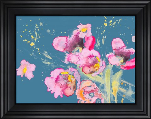 Framed Watercolor Poppies on Blue Print