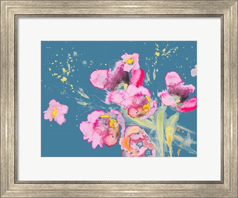 Framed Watercolor Poppies on Blue Print