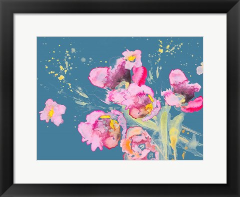 Framed Watercolor Poppies on Blue Print