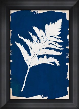 Framed White Leaf on Navy I Print