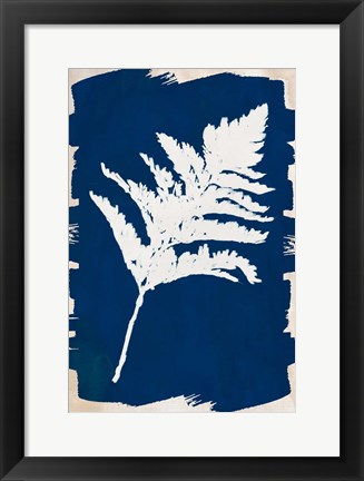 Framed White Leaf on Navy I Print