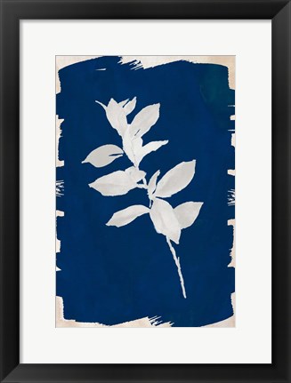 Framed White Leaf on Navy II Print