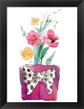 Framed Watercolor Poppies in Pot with Bow Print