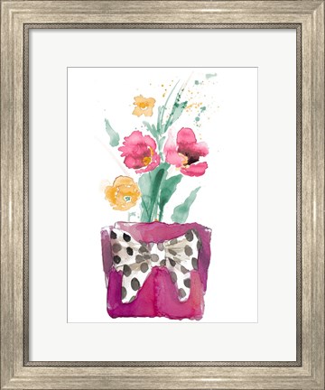 Framed Watercolor Poppies in Pot with Bow Print