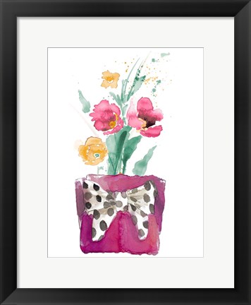 Framed Watercolor Poppies in Pot with Bow Print