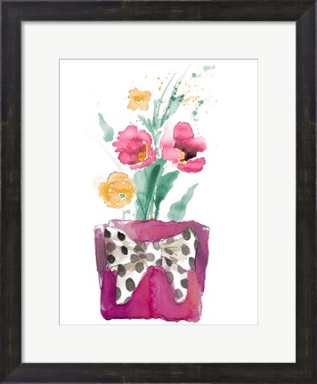 Framed Watercolor Poppies in Pot with Bow Print