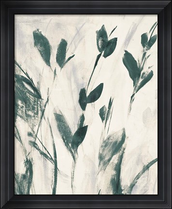 Framed Green Misty Leaves I Print