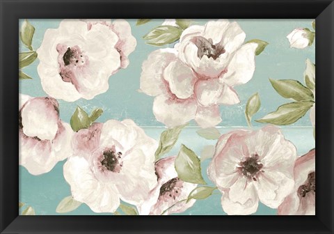 Framed Blush Flowers on Teal Print