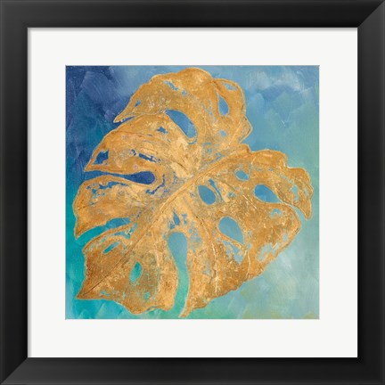 Framed Teal Gold Leaf Palm II Print