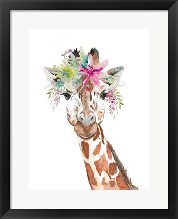 Framed Giraffe With FLoral Crown Print