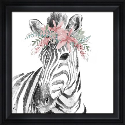 Framed Water Zebra with Floral Crown Square Print