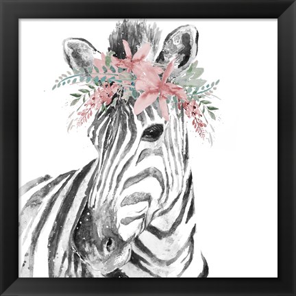 Framed Water Zebra with Floral Crown Square Print