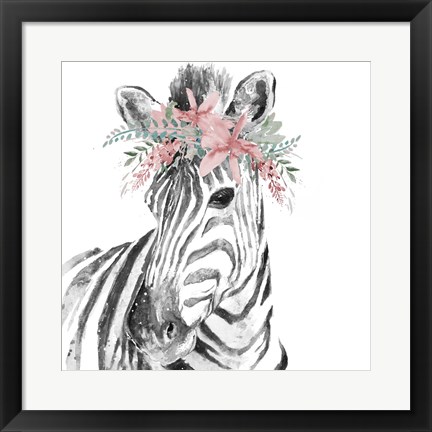 Framed Water Zebra with Floral Crown Square Print