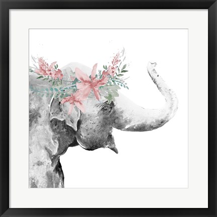 Framed Water Elephant with Flower Crown Square Print