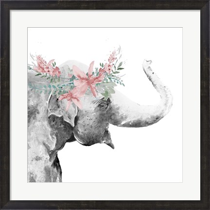 Framed Water Elephant with Flower Crown Square Print