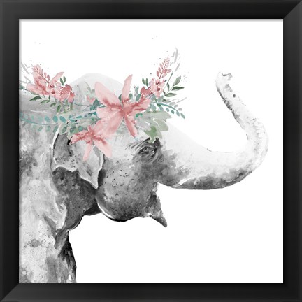 Framed Water Elephant with Flower Crown Square Print