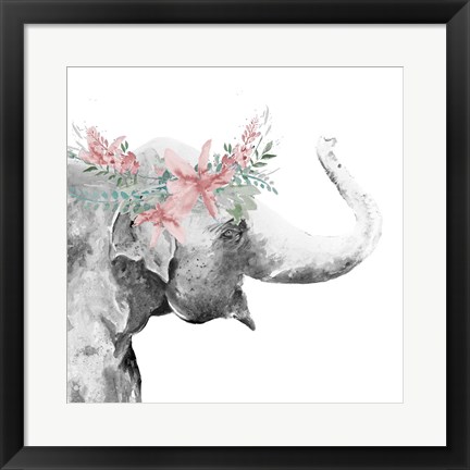 Framed Water Elephant with Flower Crown Square Print