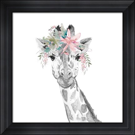 Framed Water Giraffe with Floral Crown Square Print