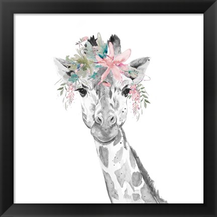 Framed Water Giraffe with Floral Crown Square Print