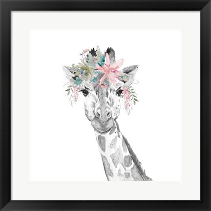 Framed Water Giraffe with Floral Crown Square Print