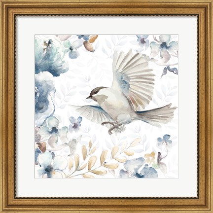 Framed Floral With Bird I Print