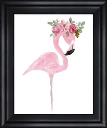 Framed Pink Floral Crown Flamingo Print