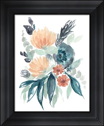 Framed Teal &amp; Peach Bouquet I Print