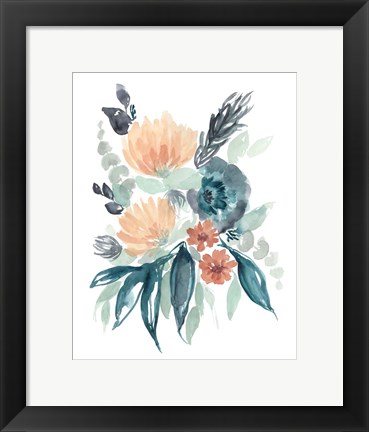 Framed Teal &amp; Peach Bouquet I Print