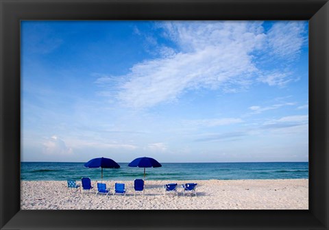 Framed Blue Chairs and Umbrellas Print