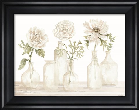 Framed Bottles and Flowers I Print