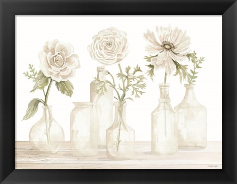 Framed Bottles and Flowers I Print