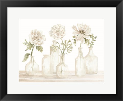 Framed Bottles and Flowers I Print