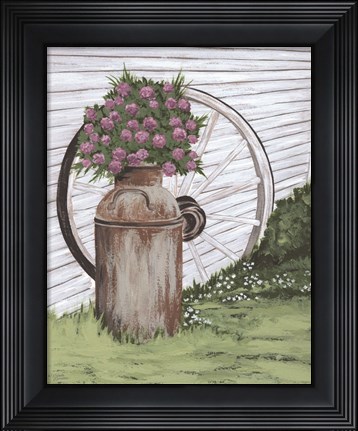 Framed Rusted Milk Can with Wagon Wheel Print