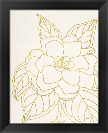 Framed Gold Gardenia Line Drawing Crop Print