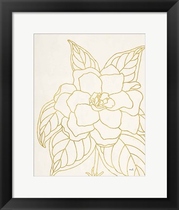 Framed Gold Gardenia Line Drawing Crop Print