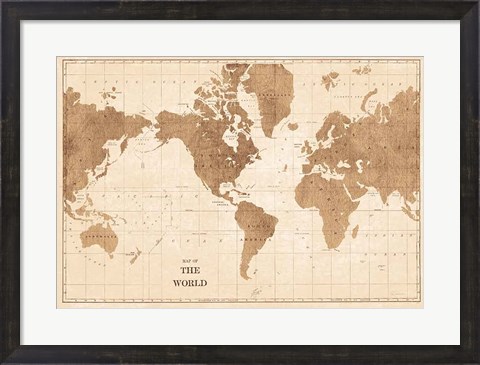 Framed World Map Sepia No Words Print