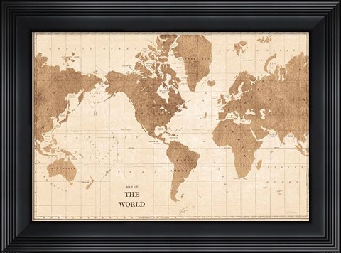 Framed World Map Sepia No Words Print