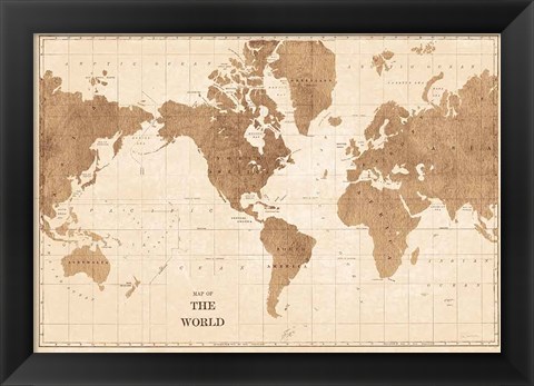 Framed World Map Sepia No Words Print