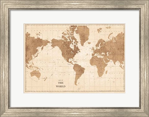 Framed World Map Sepia No Words Print