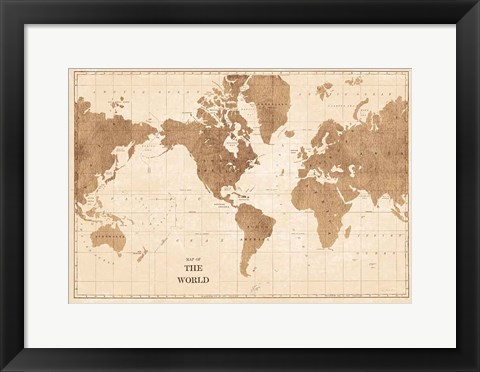 Framed World Map Sepia No Words Print