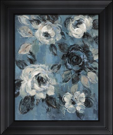 Framed Loose Flowers on Dusty Blue II Print