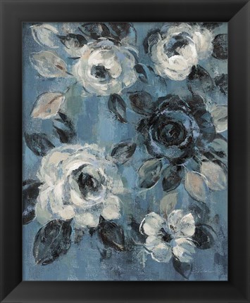 Framed Loose Flowers on Dusty Blue II Print