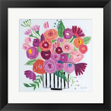 Framed Pink Blossoms II Black Lines Print