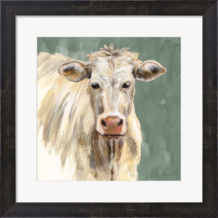 Framed White Cow on Sage Print
