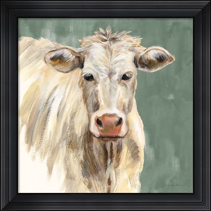 Framed White Cow on Sage Print