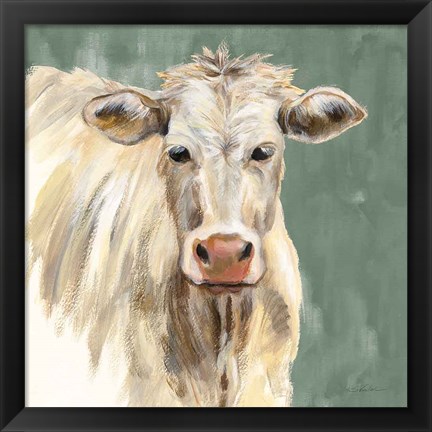 Framed White Cow on Sage Print